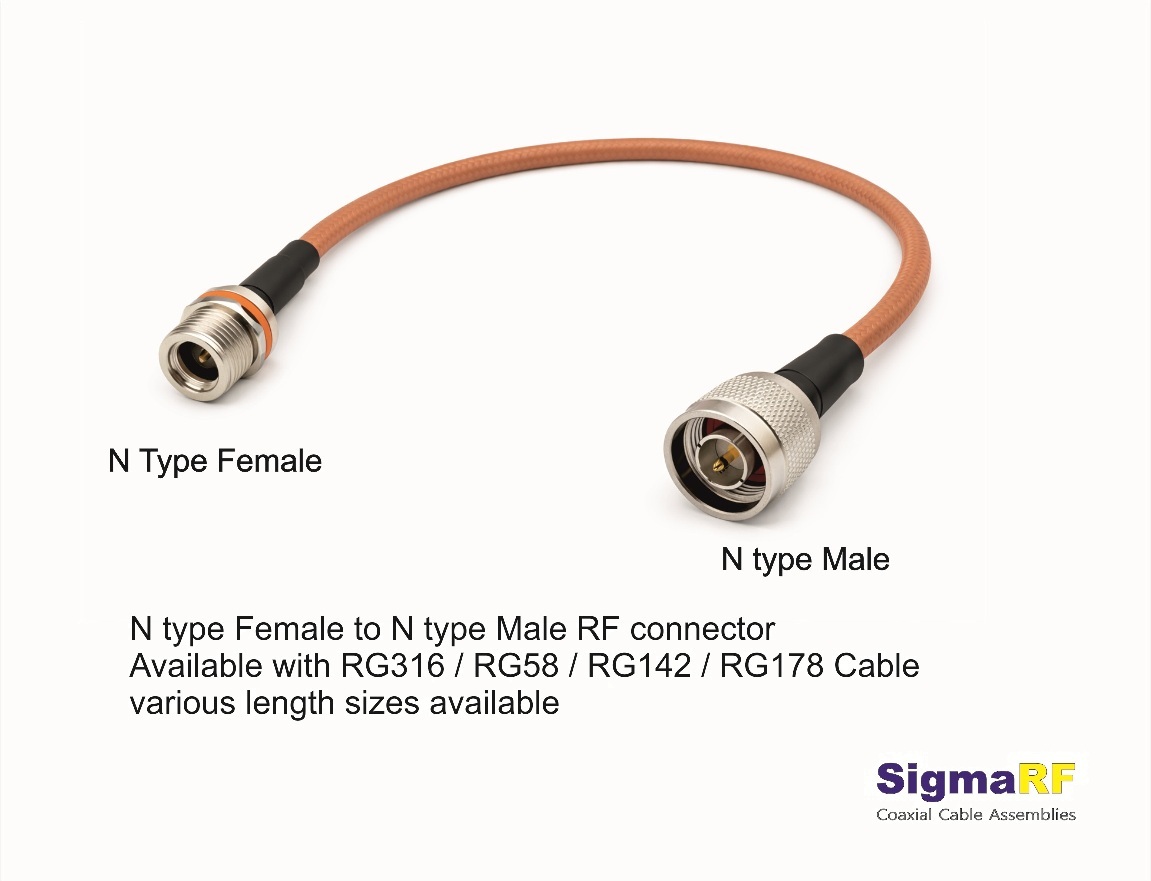 N female to N male coaxial cable assembly with RG316, RG58, RG214, RG178 Cable options