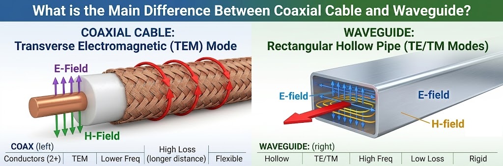 What is the main difference between coaxial cable and waveguide?